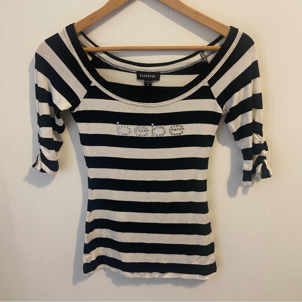 bebe Rhinestone Logo Shirt Elbow Sleeve Scoop Neck Stretch Black/White Striped
